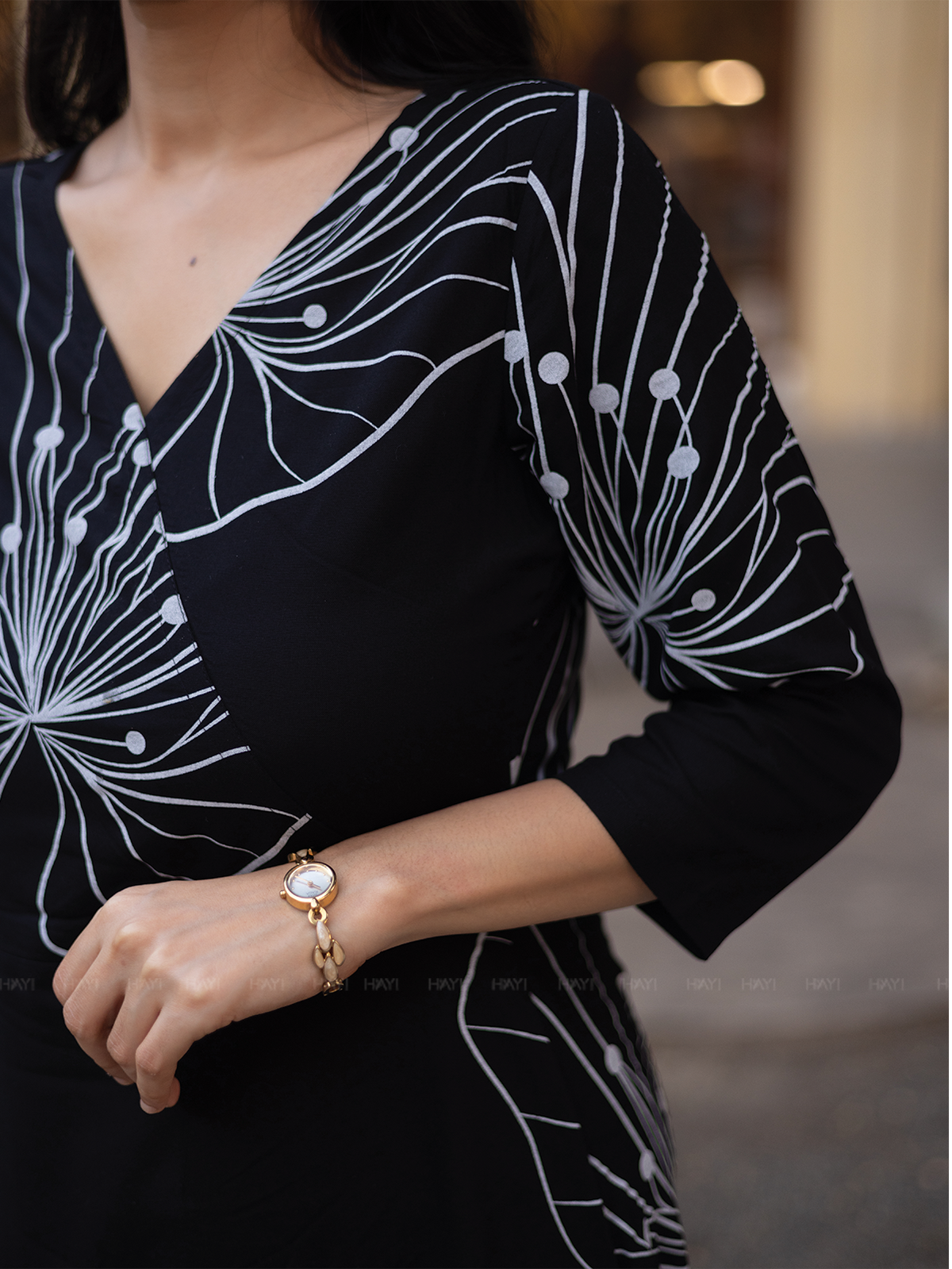 Ebony Blossom Black Viscose Dress with V-neck & 3/4th Sleeves