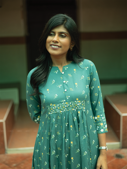 Garden Wraped Olive Green  A-line Viscose Kurta with Notch Neck & 3/4th Sleeves