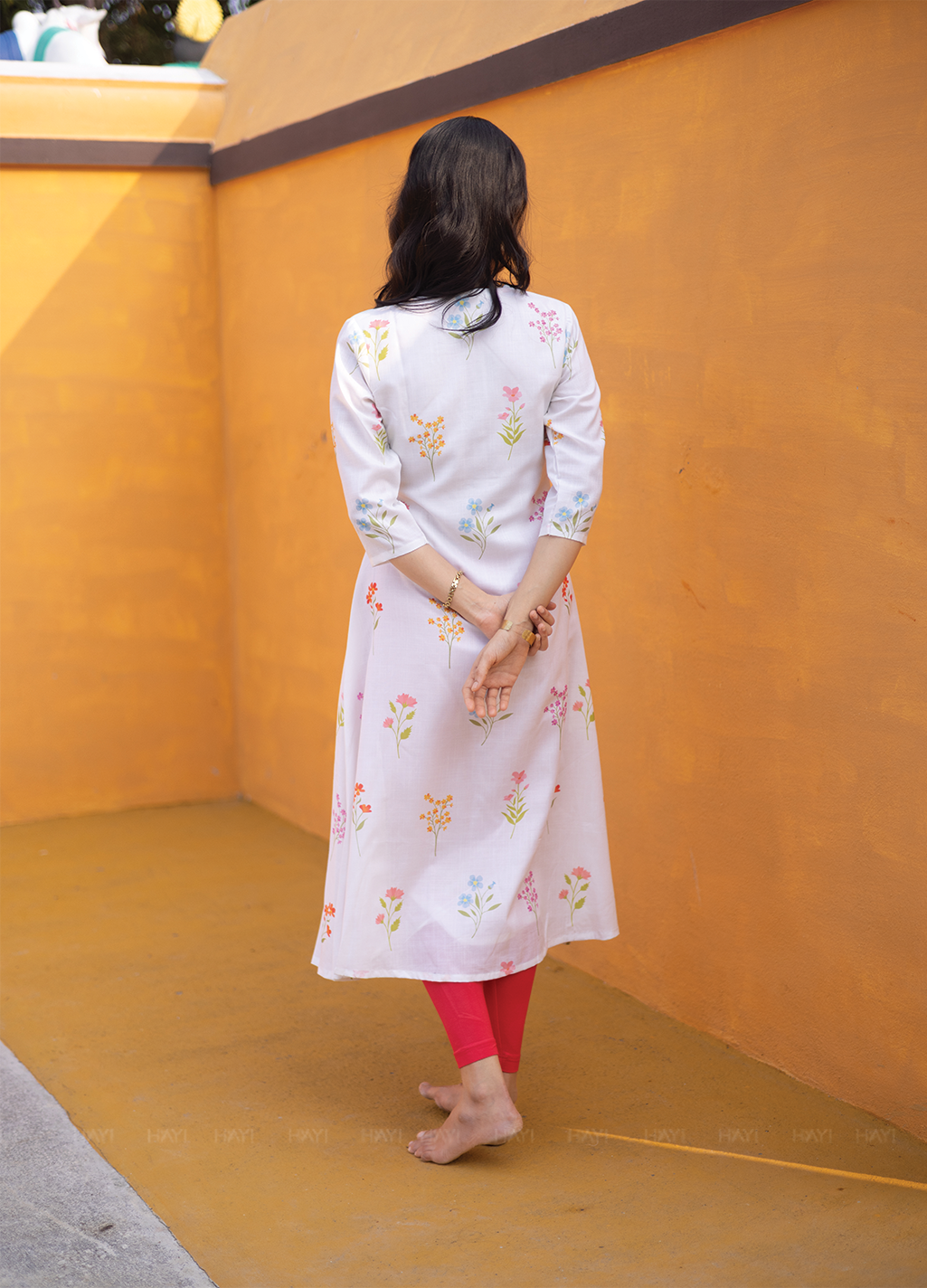 Petal Dreams Off White Linen Blend A-line Kurta with Chinese Collar and 3/4th Sleeves