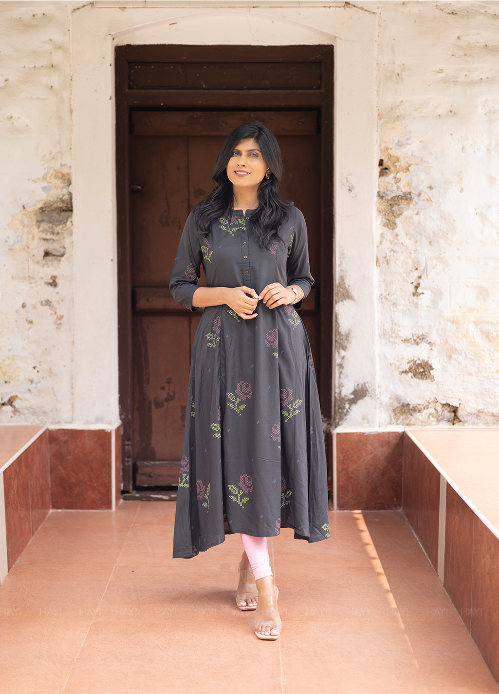 Elarose Dark Gray A-line Viscose Kurta with Chinese Collar neck & 3/4th Sleeves