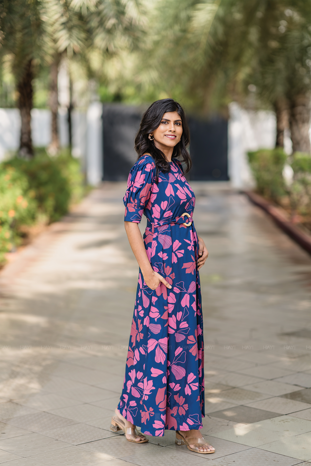 Berry Noir Blue Viscose Dress with Puff Sleeves & Belt