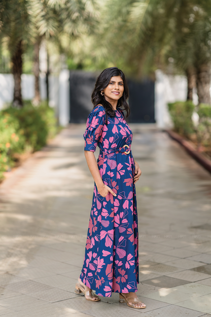 Berry Noir Blue Viscose Dress with Puff Sleeves & Belt