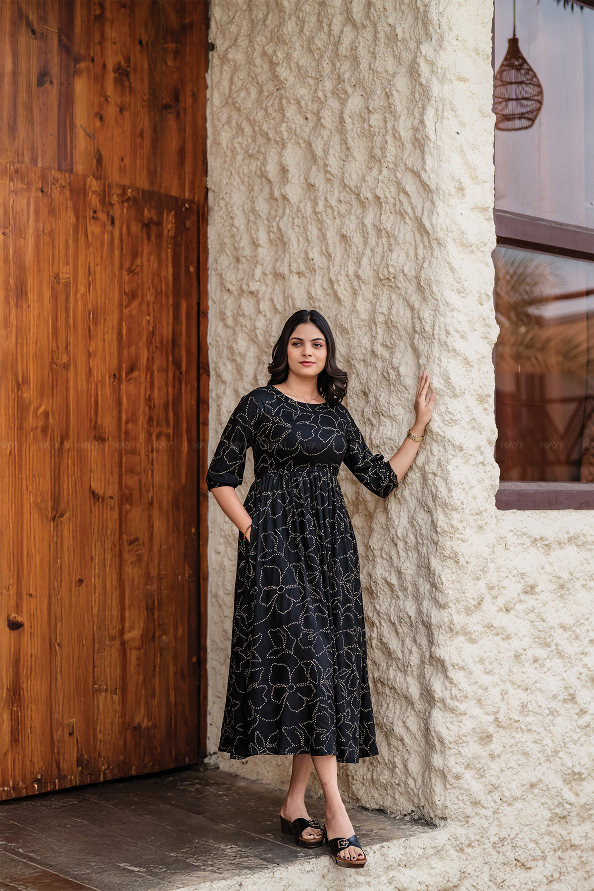Dusklure Black Viscose Dress with Boat Neck & 3/4th Sleeves
