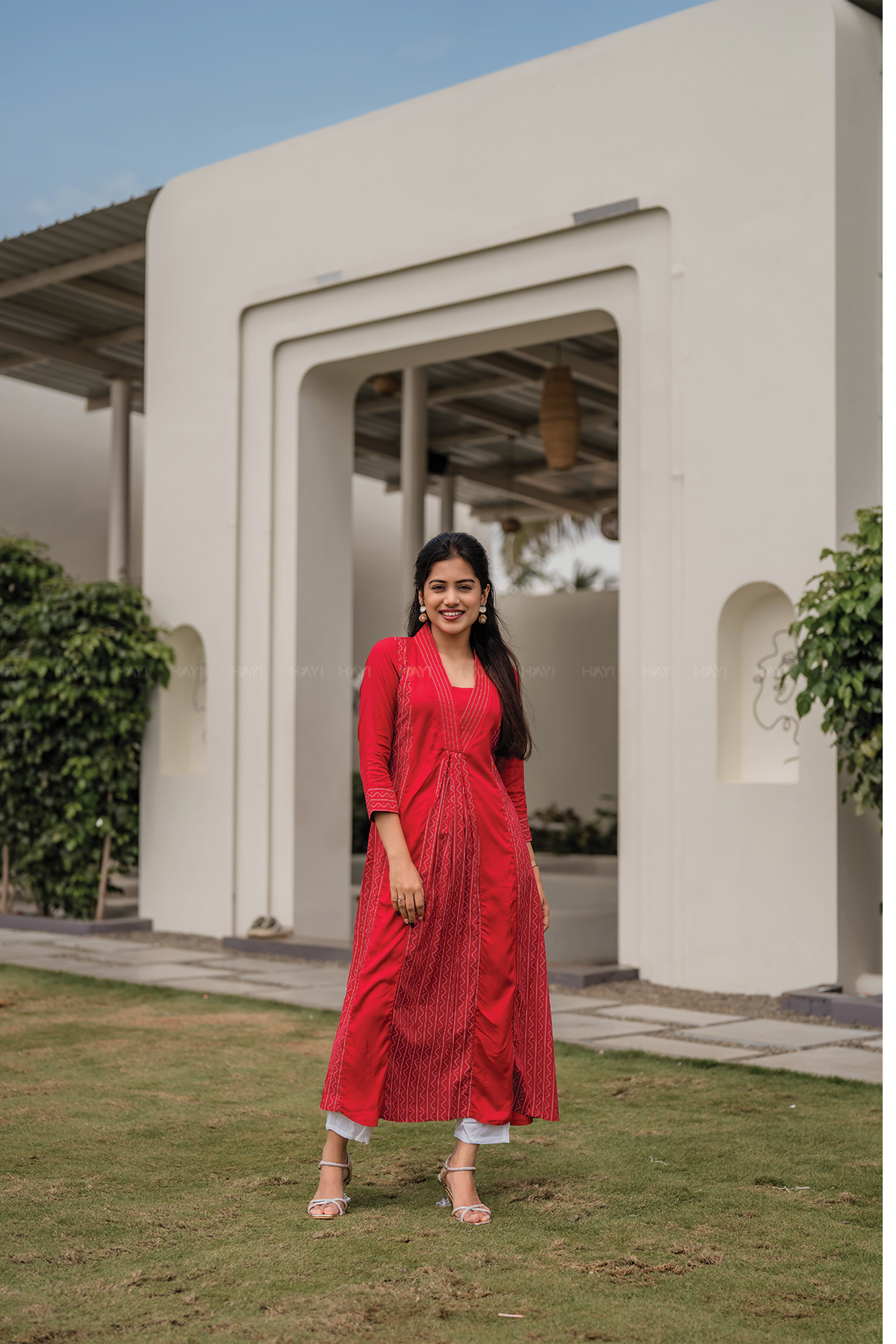 Red Muse Viscose A-line Dress with V-Neck & 3/4th Sleeves