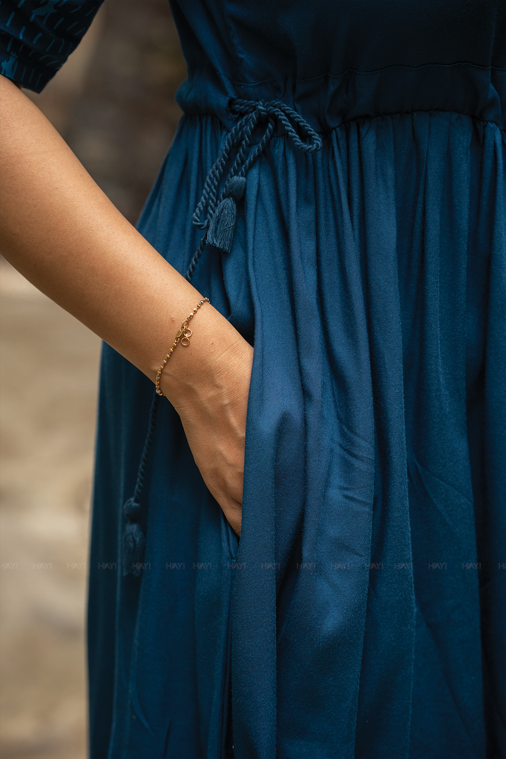 Blue Dessert Blue Viscose Dress with Round Neck & Placement Detail