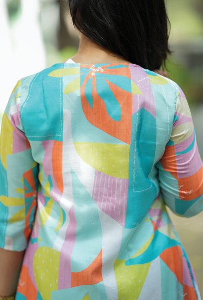 Fluoro Blue with Neon Oasis Silk Blend Co ord set