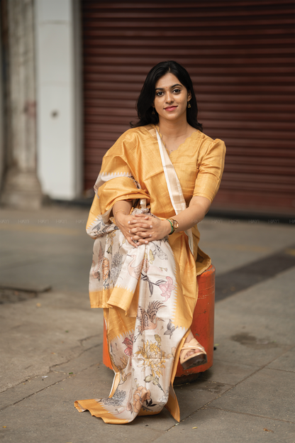 Swanira Yellow printed 2 Piece Jacquard Kurta with Dupatta