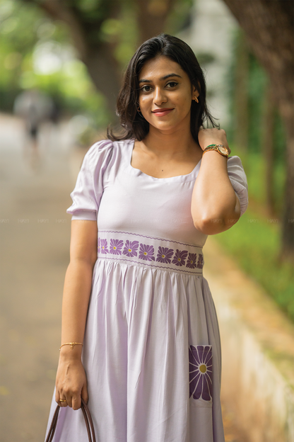 Floral Flow Lavender Viscose Dress with Square Neckline & Puff Sleeves