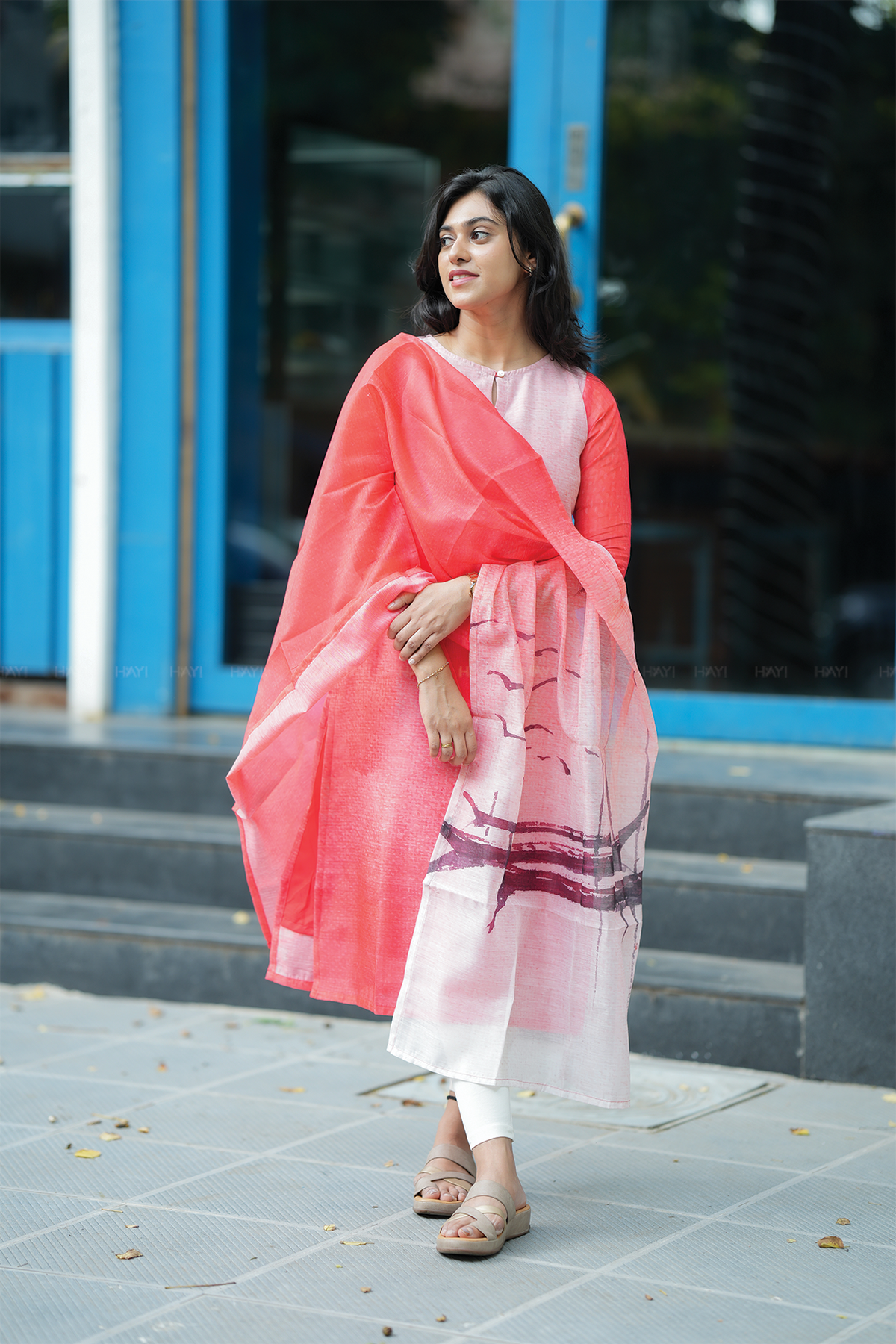 Red Sailor's Sunset printed 2 Piece Chanderi Blend Kurta with Dupatta