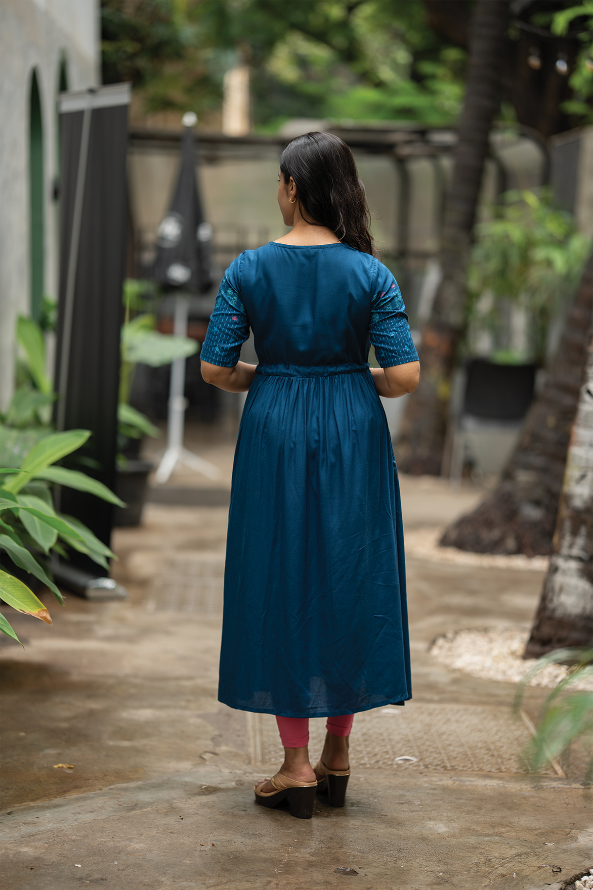 Blue Dessert Blue Viscose Dress with Round Neck & Placement Detail