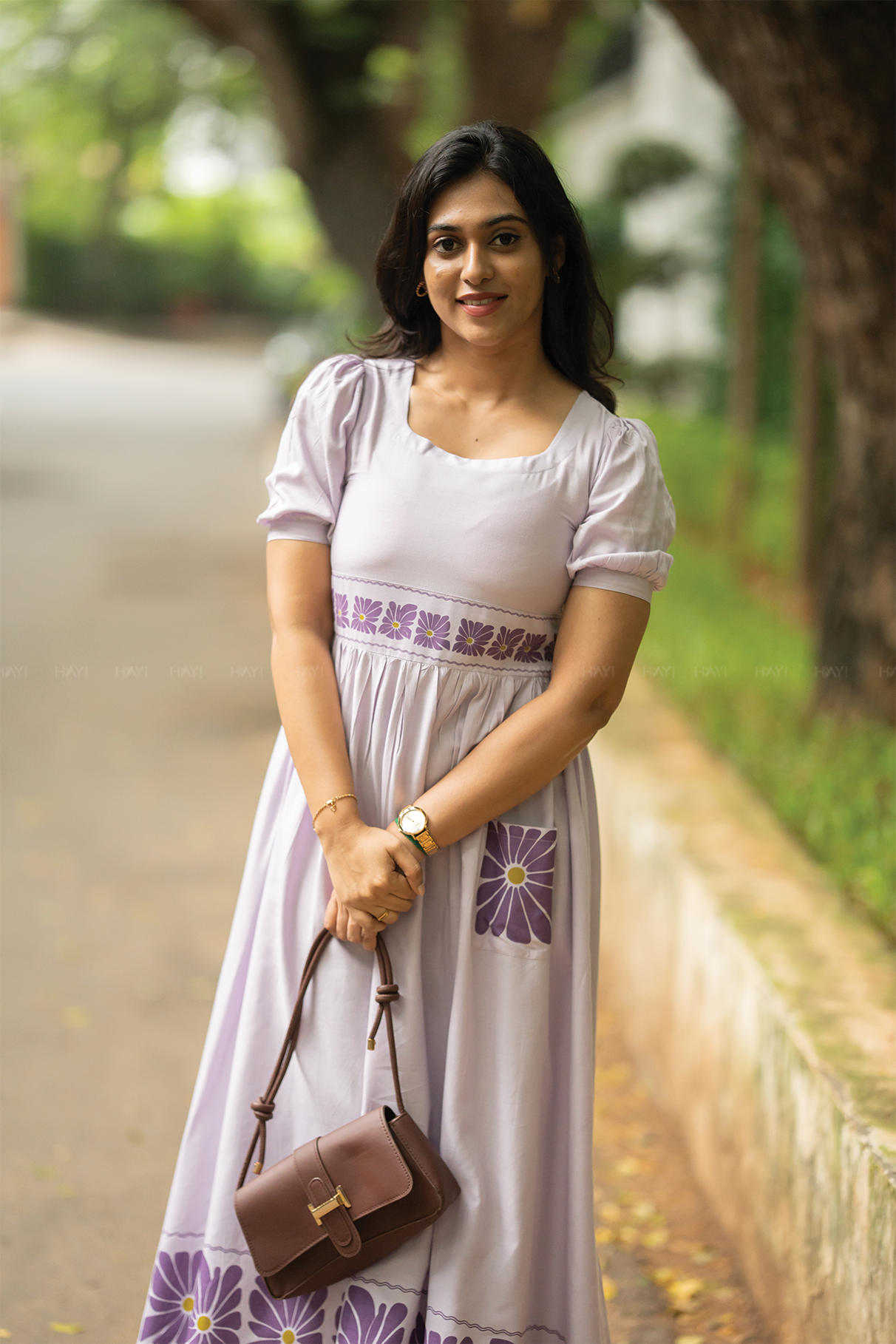 Floral Flow Lavender Viscose Dress with Square Neckline & Puff Sleeves