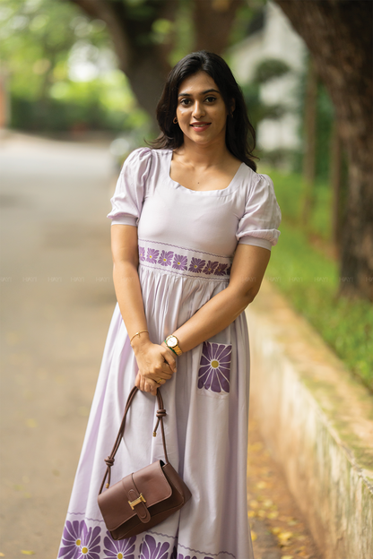 Floral Flow Lavender Viscose Dress with Square Neckline & Puff Sleeves