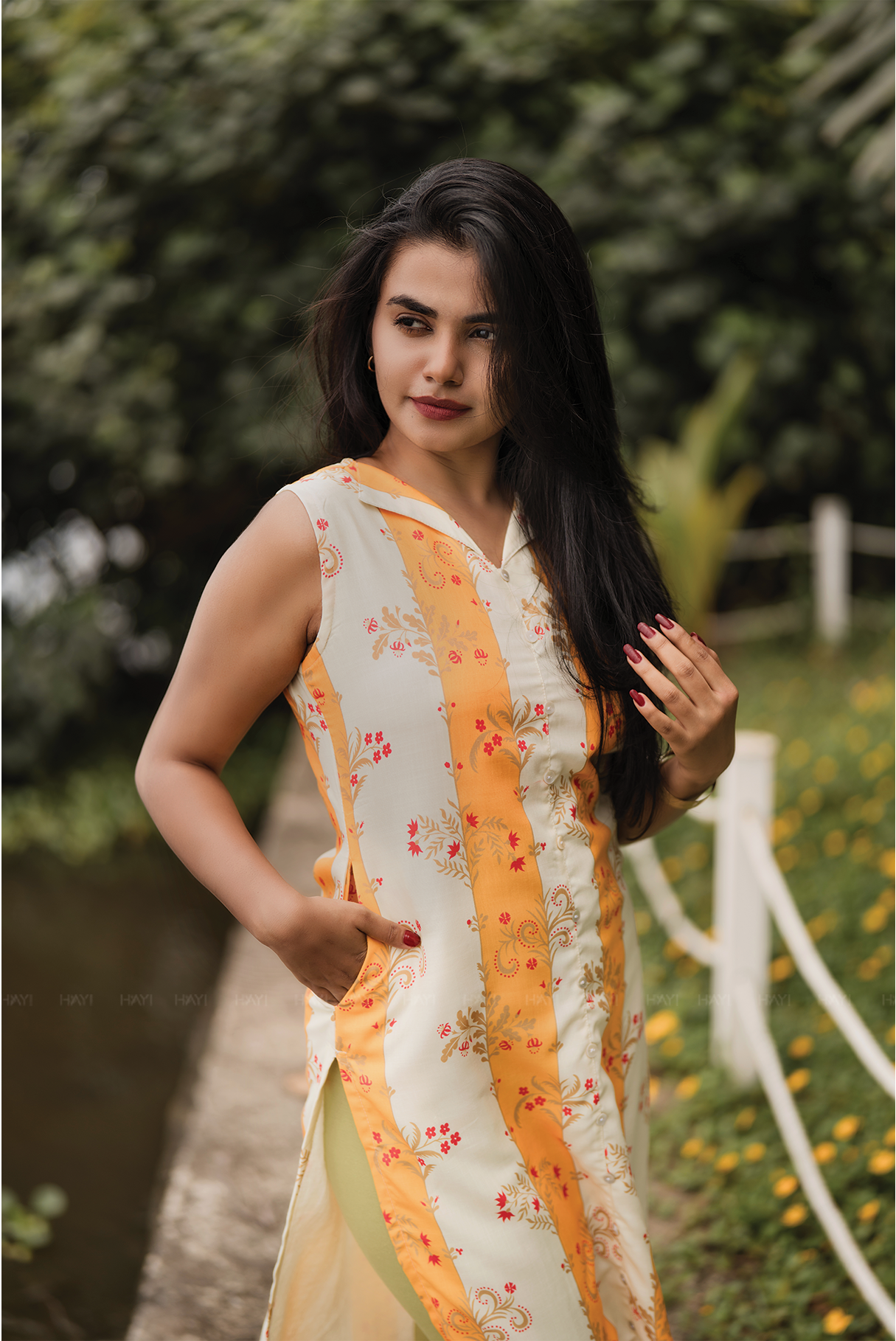 Sylan Yellow with Sunshine floral printed Linen Blend Kurta with attached 3/4th Sleeves