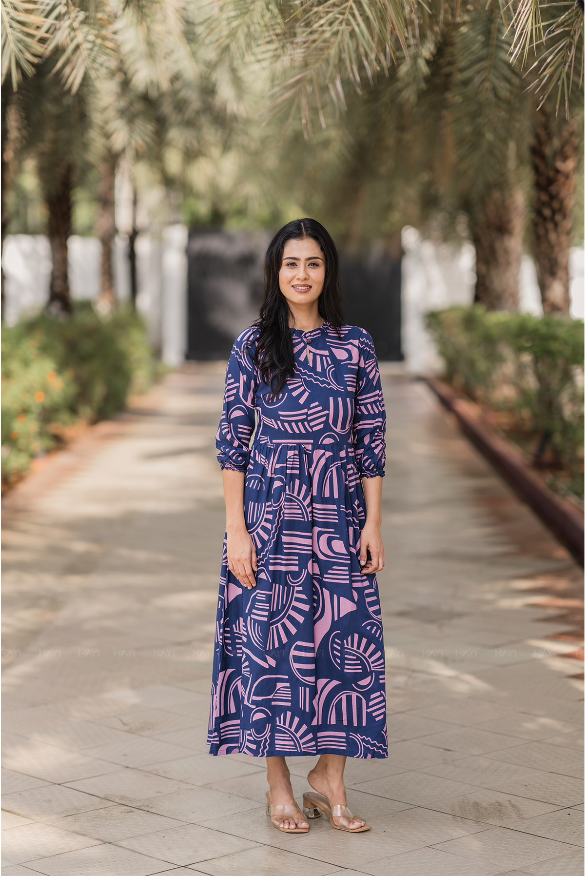 Geometric Whispers Blue Viscose Dress with Keyhole