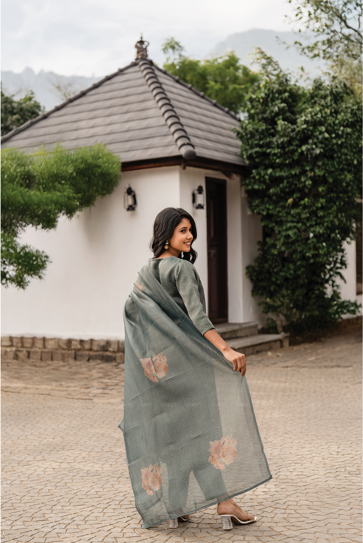 Green Mist 3 Piece Crush Silk Blend Floral Hand-Embroidered Kurta with Pant & Dupatta