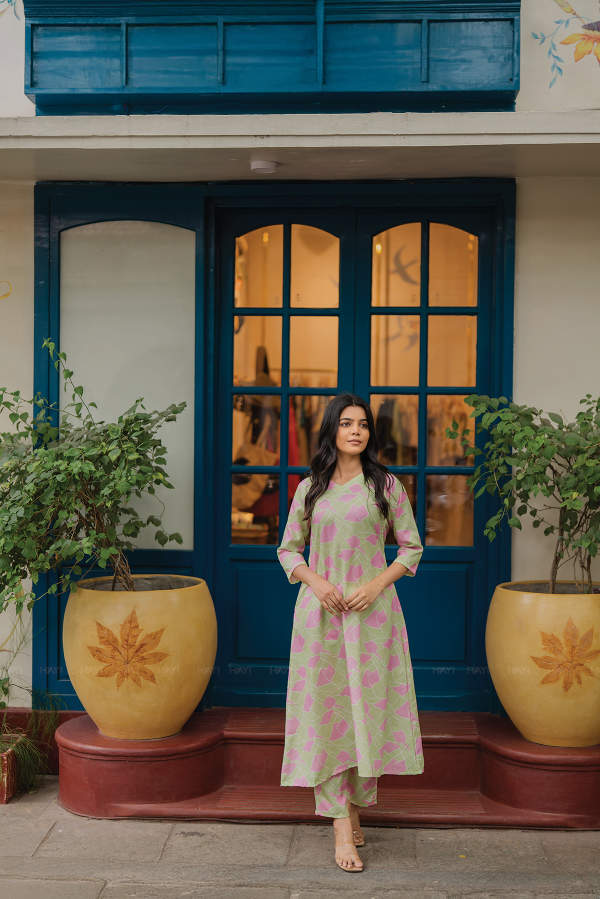 Rinth Green with Whimsical Bloom printed Linen Blend Co-ords