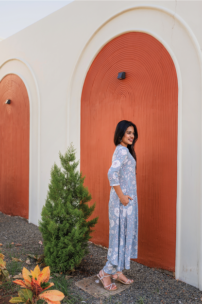 Hazy Petal Blue Viscose Co-ord with Chinese Collar & 3/4th sleeves