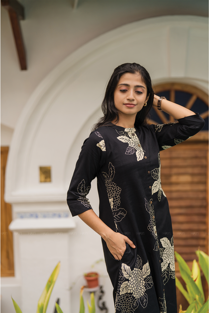 Golden Dusk Black Cotton Linen Co-ord with Chinese Collar & 3/4th Sleeves