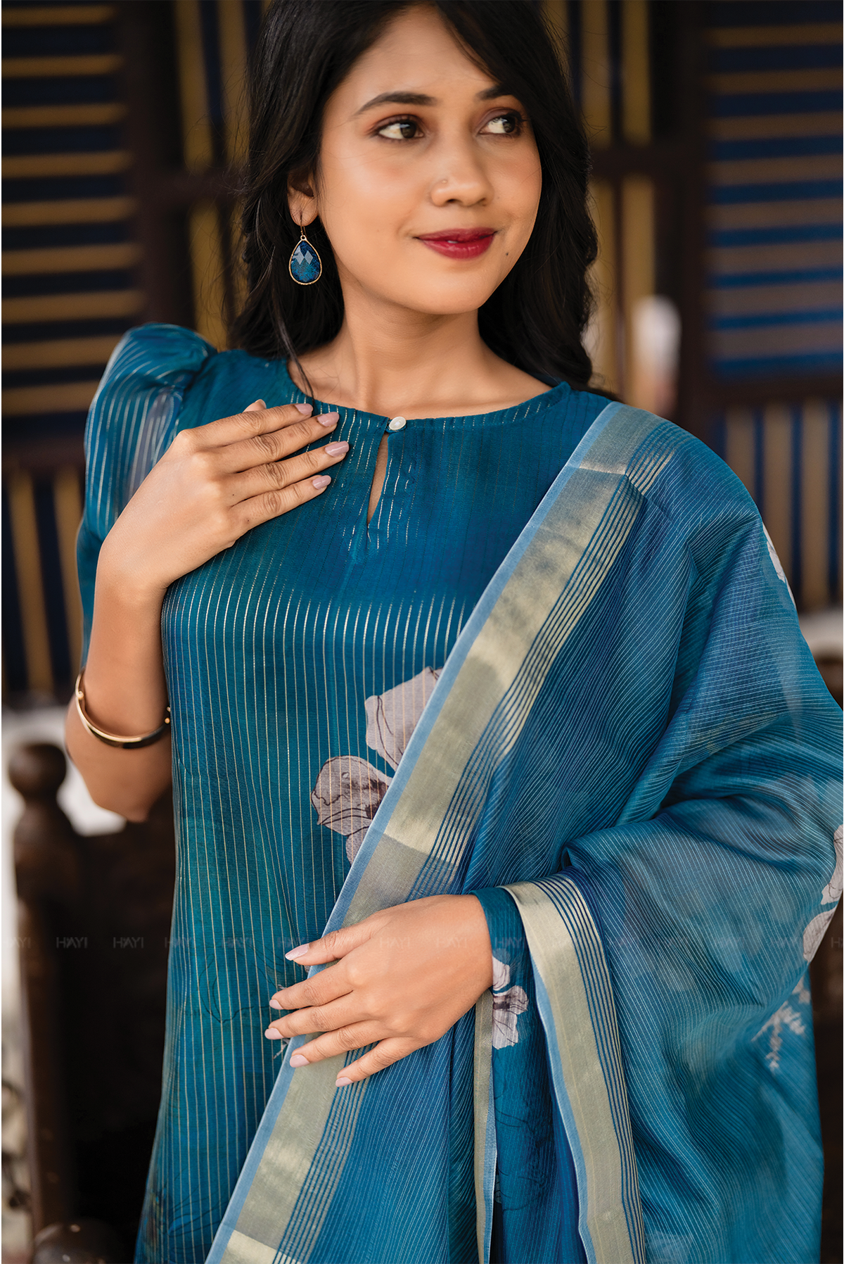 Lagoon Petals 3 Piece Peacock Blue Organza Printed Kurta with Pant & Dupatta