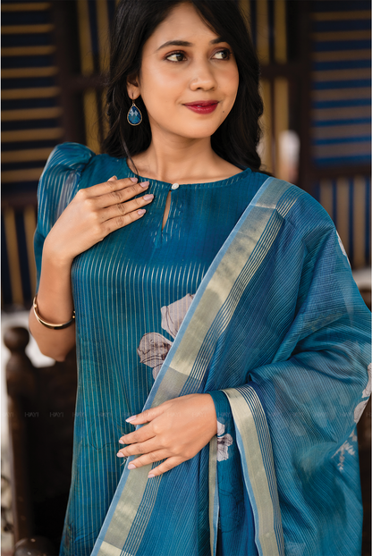 Lagoon Petals 3 Piece Peacock Blue Organza Printed Kurta with Pant & Dupatta