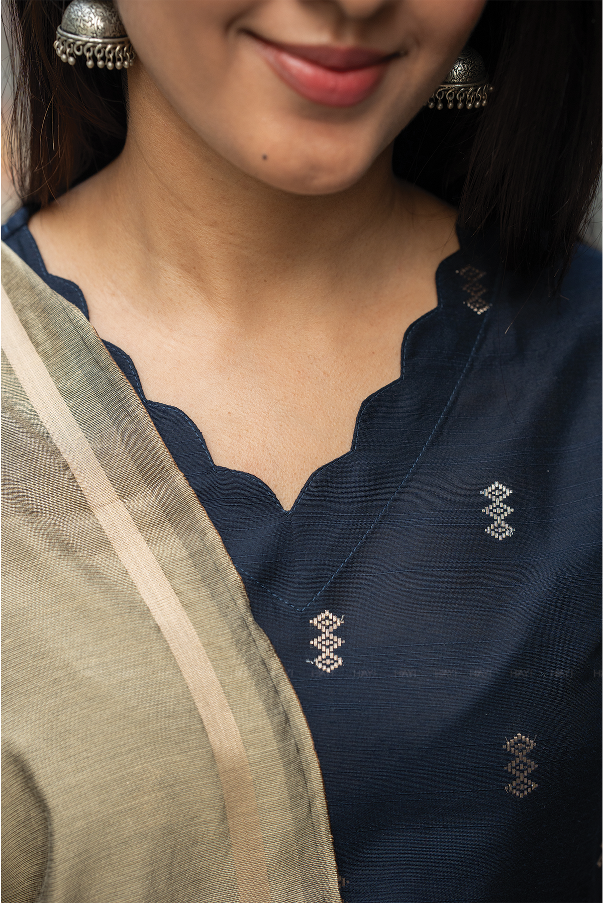 Neelika Navy 3 Piece Viscose Jacquard Weave Kurta with Pant & Dupatta