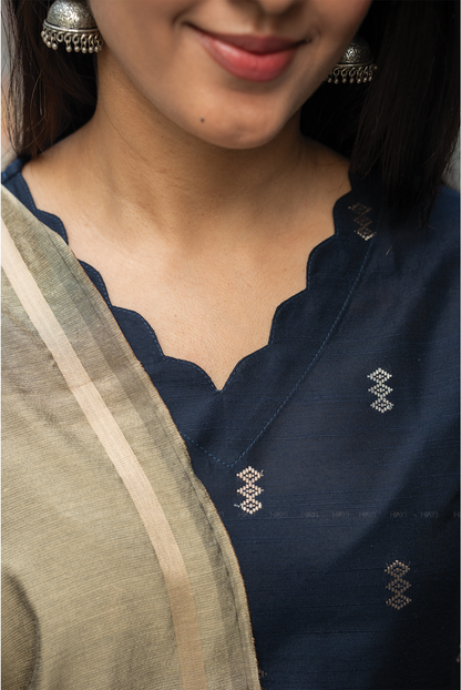 Neelika Navy 3 Piece Viscose Jacquard Weave Kurta with Pant & Dupatta