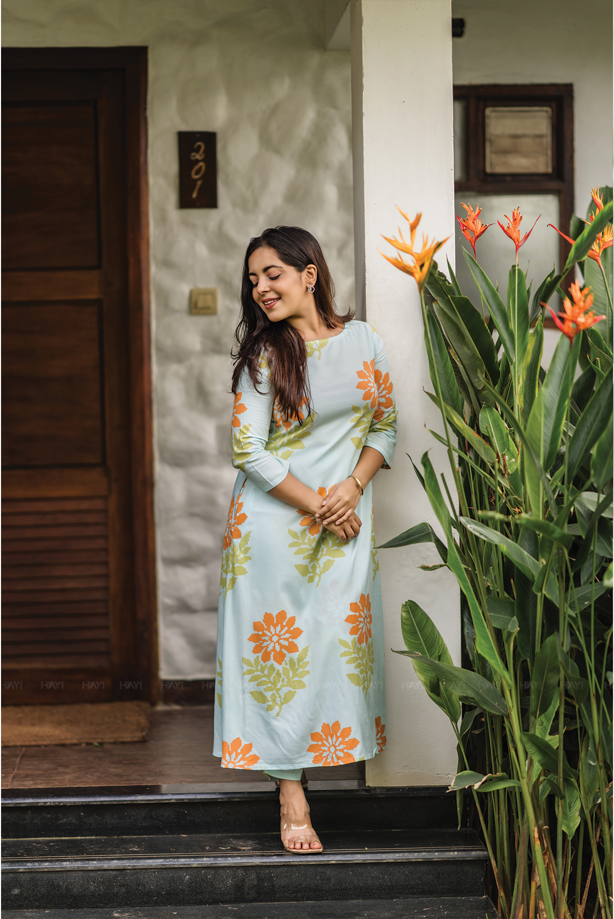 Aacral Blossom Blue Viscose co-ord with Boat Neck & Floral Print