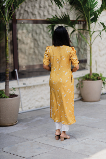 Lemon Pop Yellow Viscose Kurti with Sweetheart Neck & Ruched Sleeves