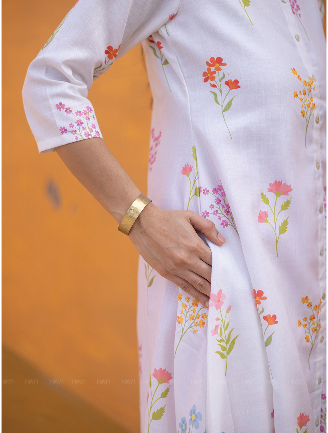 Petal Dreams Off White Linen Blend A-line Kurta with Chinese Collar and 3/4th Sleeves
