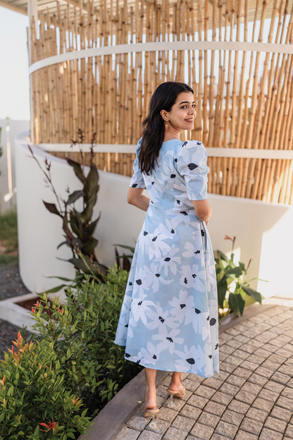 Fleur Blue Cotton Blend Dress with Rounded Square Neck & Leg-O-Mutton Sleeves