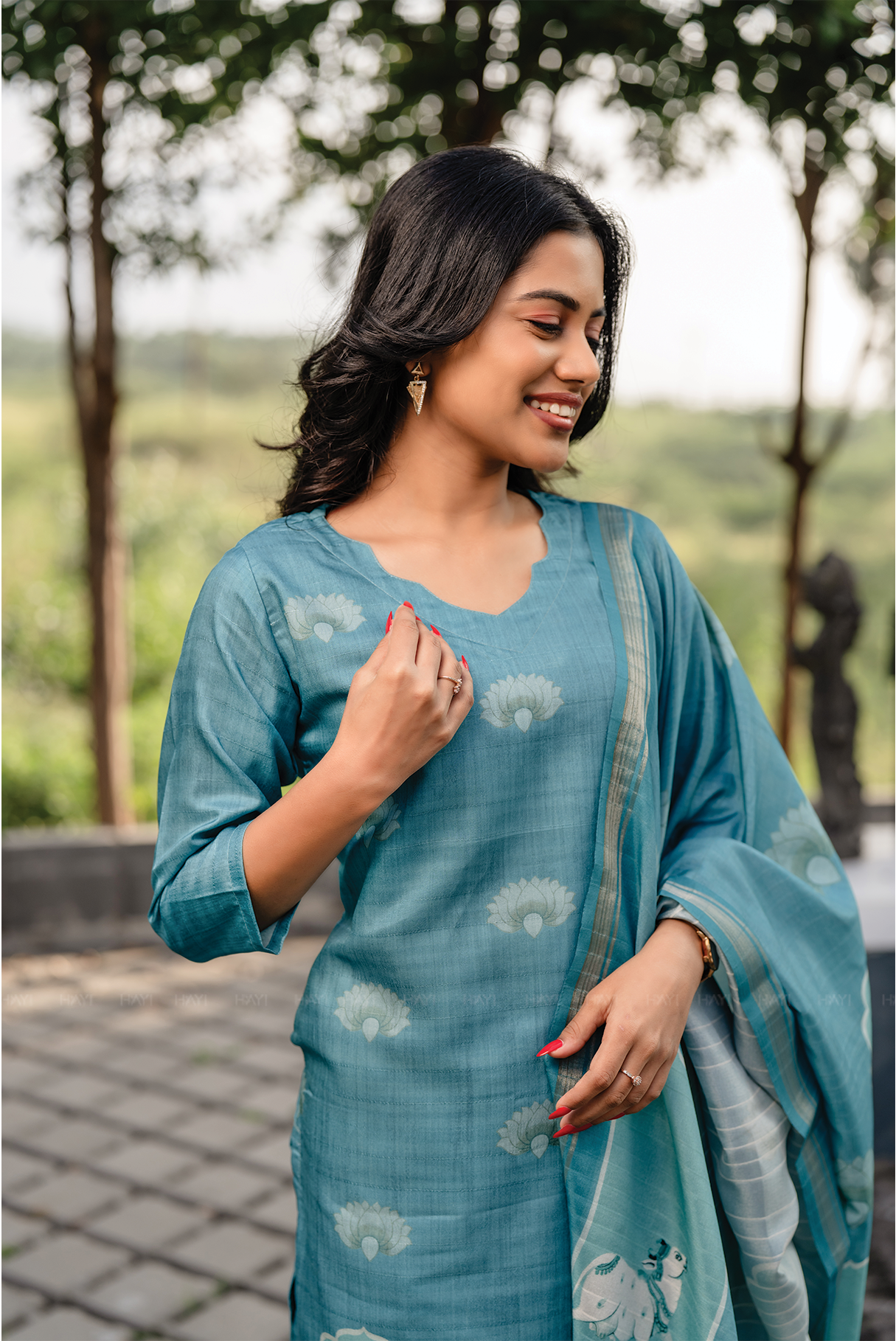Lotus Charm Blue 3 Piece Tussar Silk Blend Printed Kurta with Pant & Dupatta