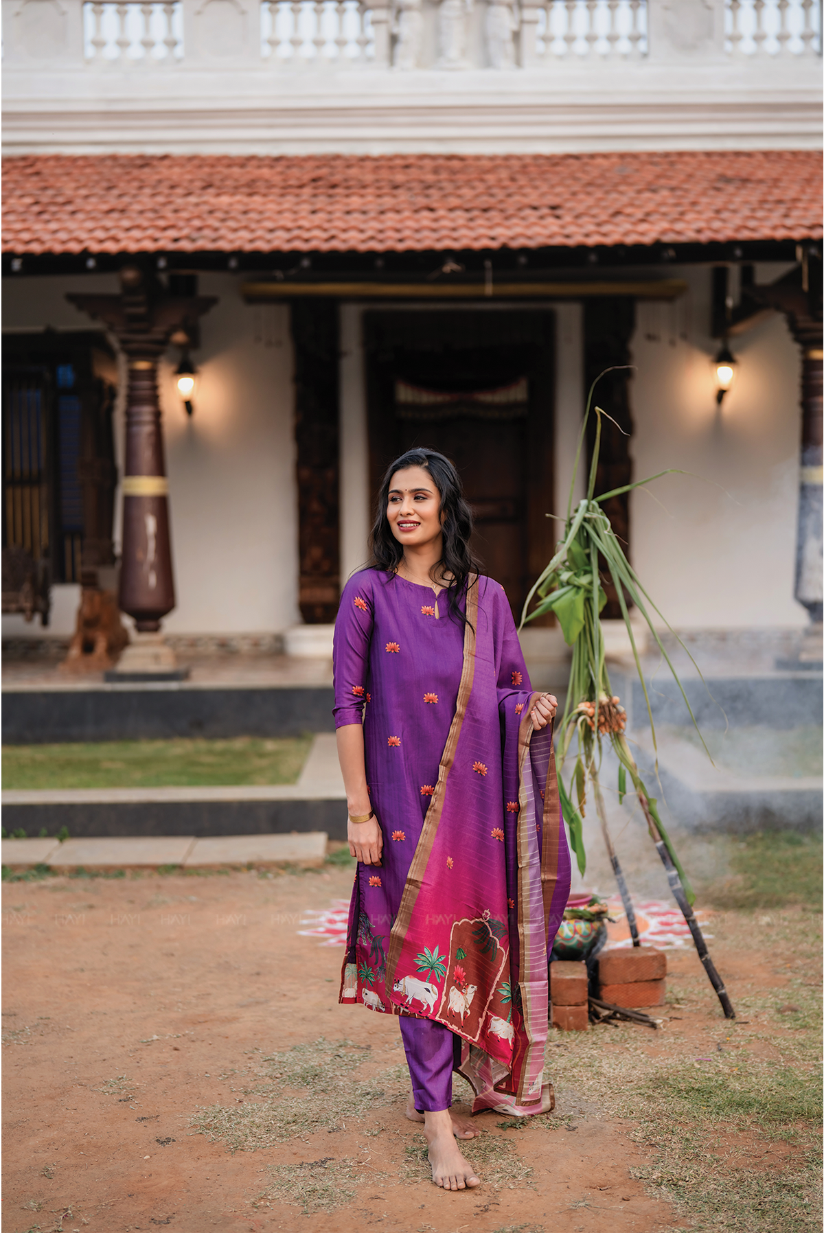 Ivanya Violet 3 Piece Tussar Silk Blend Printed Kurta with Pant & Dupatta
