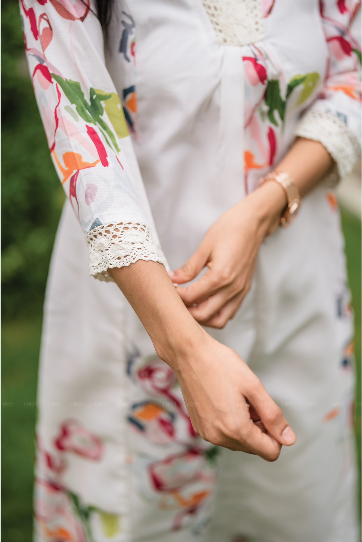 Pastel Floral Dream Off-White Linen Blend Co-ord with V-Neck & Lace