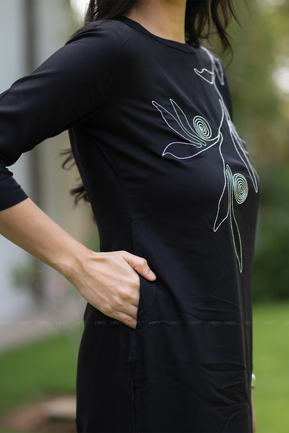 Dusk Noir Black Viscose Kurti with Closed Neck & 3/4th Sleeves