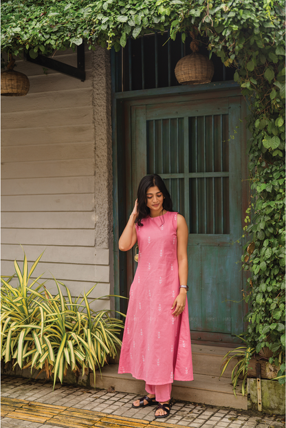 Rosetta Bloom Pink Handloom co-ord with Close Neck