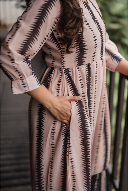 Fall Beige with Timeless Rhythm Printed Maternity and Feeding Lux Georgette Dress