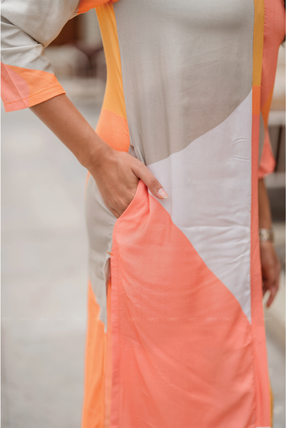 Rustic Rhythm Beige Viscose Co-ord with Chinese Collar & 3/4th Sleeves