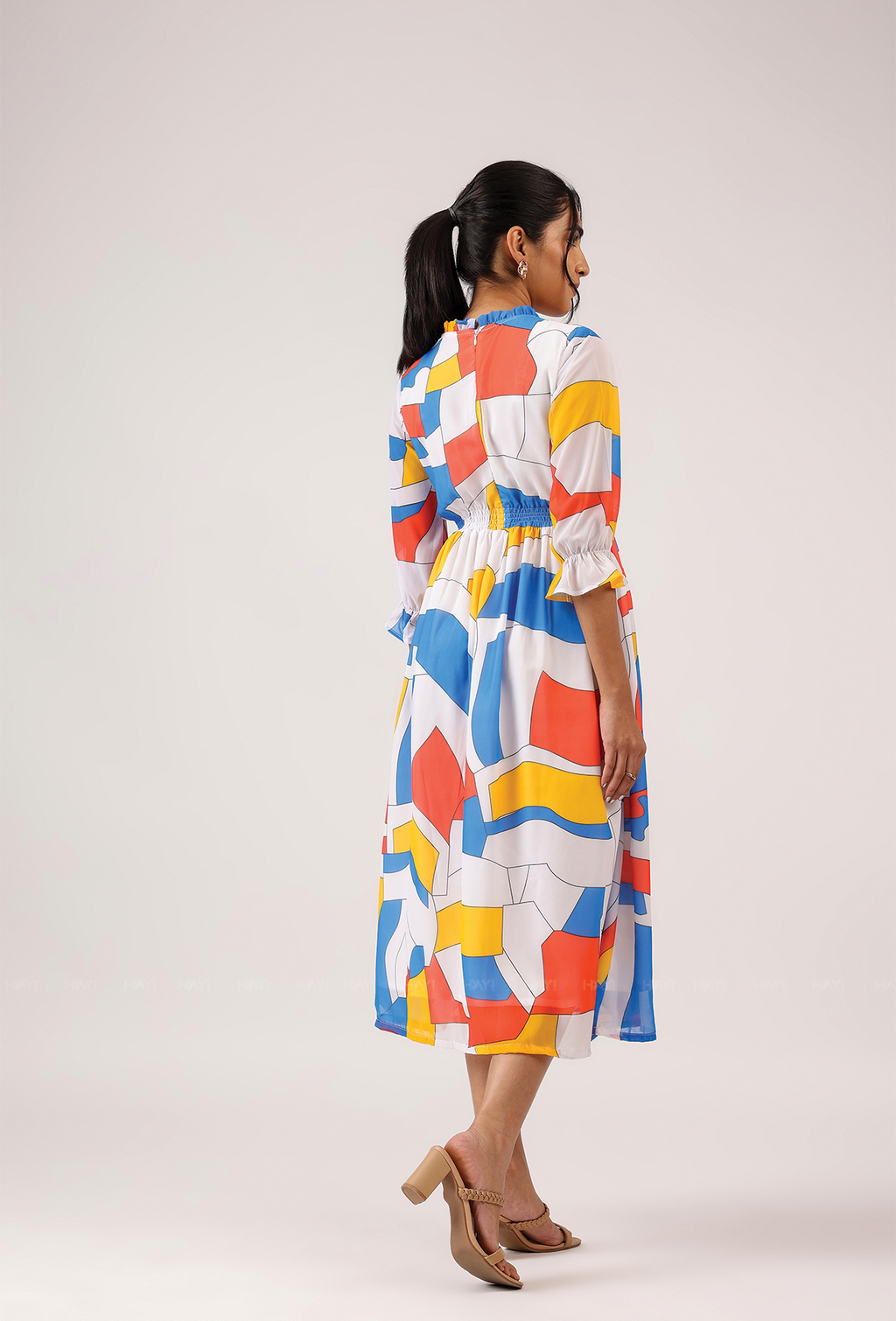 Prism White with Cubist Charm printed Lux Georgette Dress