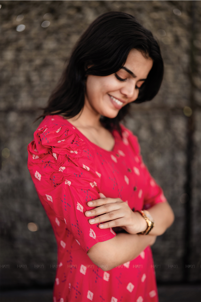 Redloom Cotton Dress with Sweetheart neck & Leg-O-Mutton Sleeves