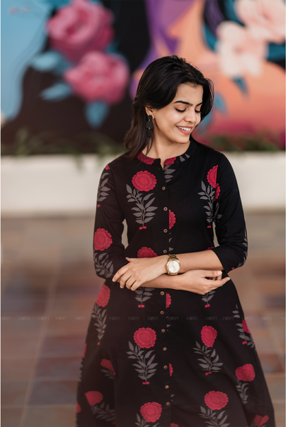 Fuchsia Mist Black Cotton Co-ord with Chinese collar & 3/4th sleeves