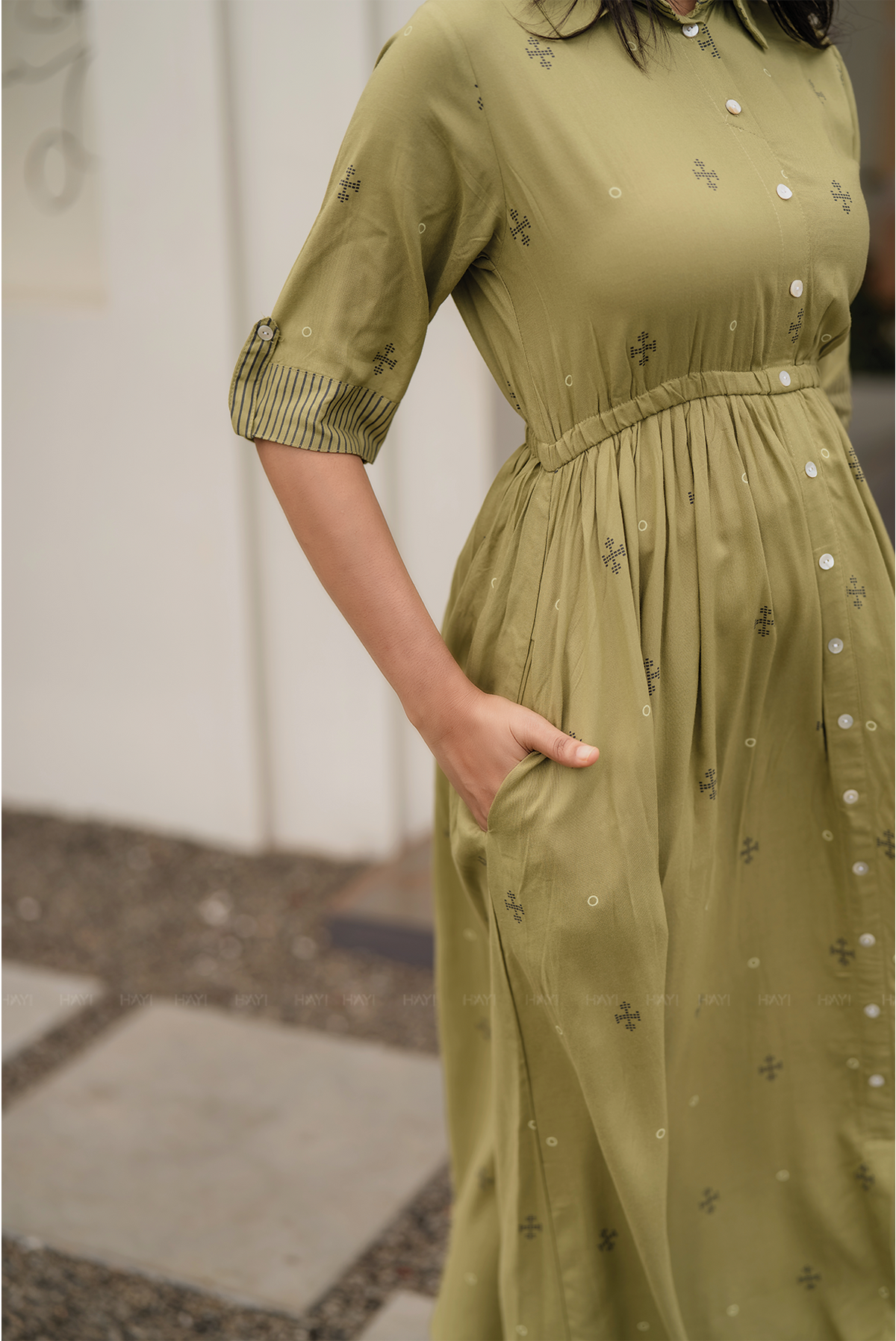 Goldenrod Green Viscose Dress with Shirt Collar & Elbow Sleeves