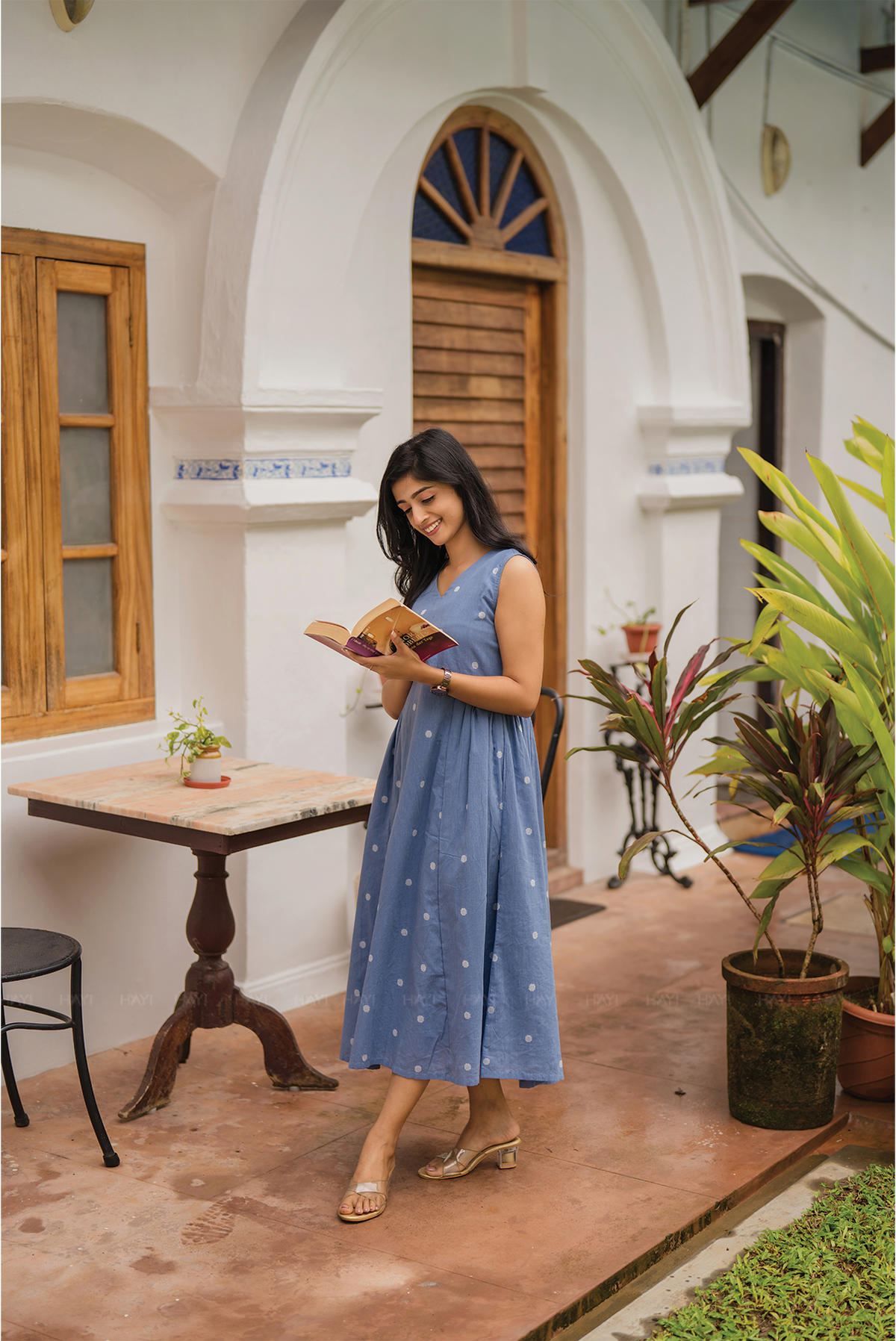 Ocean Polka Blue Handloom Cotton Dress With V Neckline