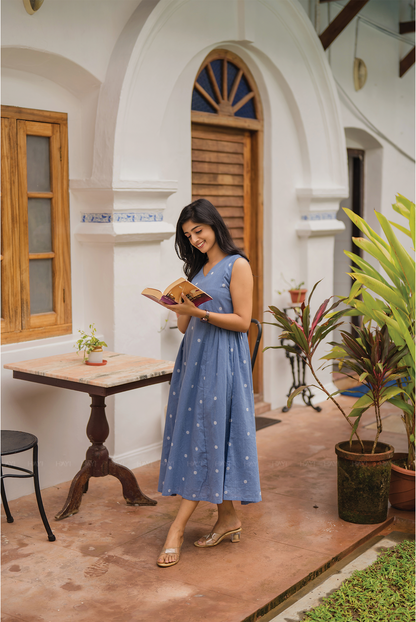 Ocean Polka Blue Handloom Cotton Dress With V Neckline