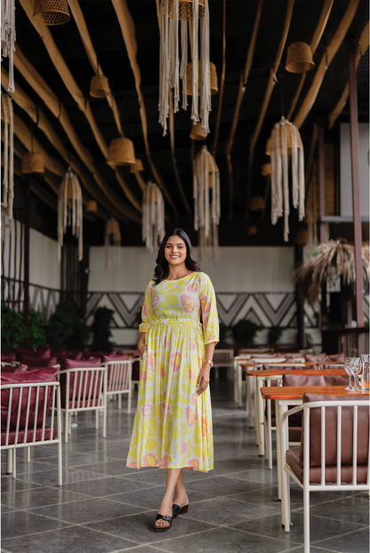 Bloom Breeze Green Viscose Dress with Boat Neck & 3/4th Sleeves