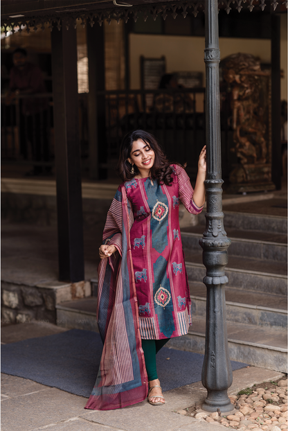 Rustic Grace Red Piece Shimmer Tissue Blend Placement Printed Kurta with Pant & Dupatta