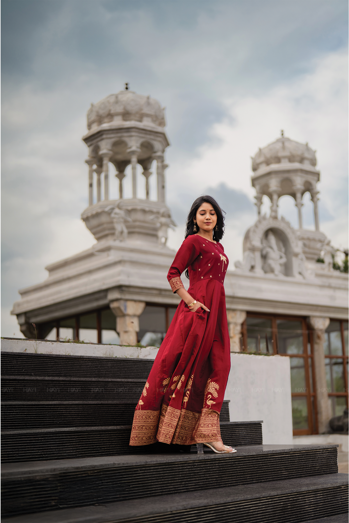 Palm Lustre Deep Red Viscose Placement Print Embroidered Anarkali with Round Neck & 3/4th Sleeves