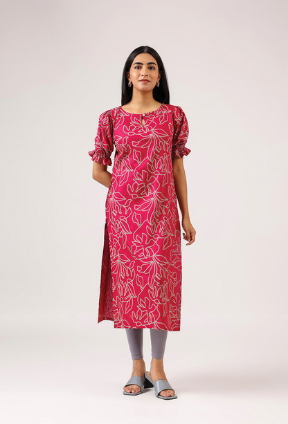 Verdant Dark Pink with Berry Vines floral printed Viscose Kurta