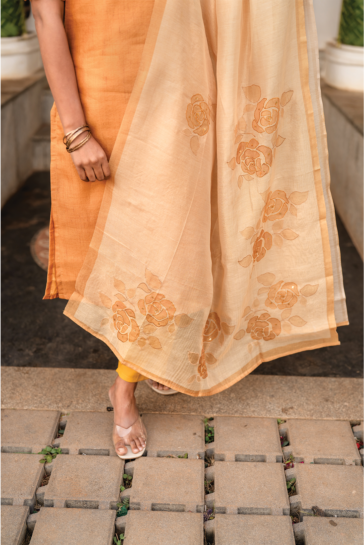 Aurel Yellow 3 Piece Tussar Silk Blend Printed Kurta with Pant & Dupatta