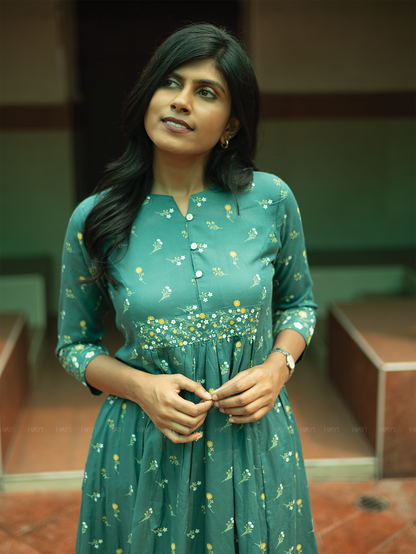 Garden Wraped Olive Green  A-line Viscose Kurta with Notch Neck & 3/4th Sleeves