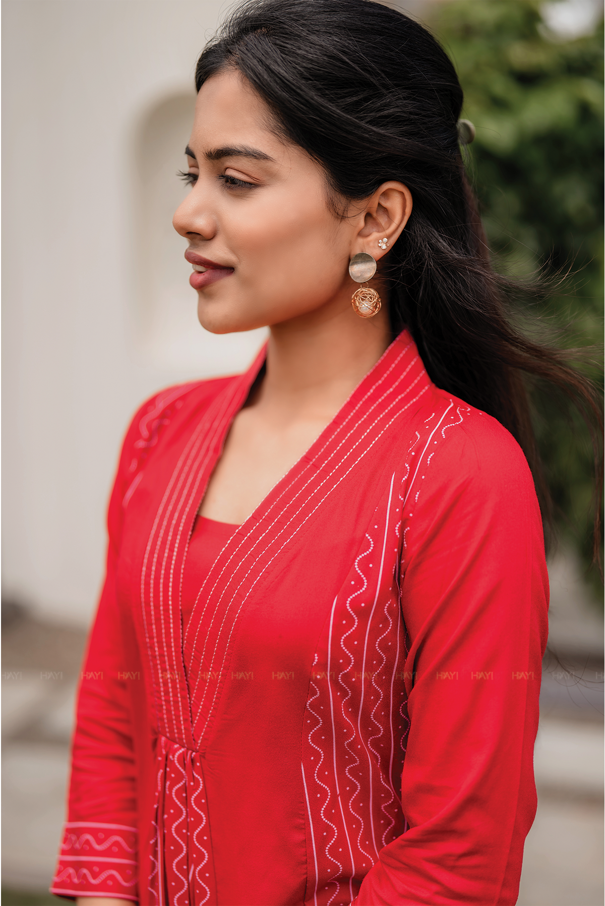 Red Muse Viscose A-line Dress with V-Neck & 3/4th Sleeves
